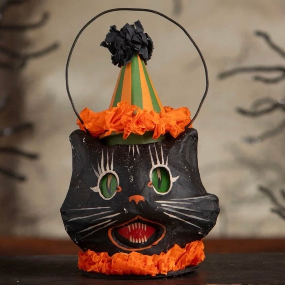 Bethany Lowe Sassy Cat Mini Bucket Halloween Black Cat Paper Mache Lantern NEW